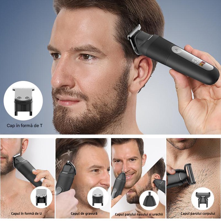 VeniSymlis® Set Multifunctional de Ingrijire Barbati 9-in-1, Aparat de Tuns si Barbierit cu 9 Accesorii, Dubla Incarcare USB-C si pe baza, Rezistent la Apa, pentru Par, Barba si Corp