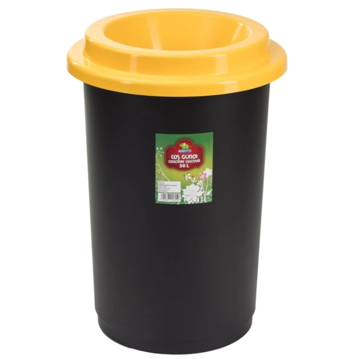 Cos de gunoi, Plastina, pentru colectare selectiva, cu capac galben, plastic, forma cilindrica, negru, 50 L