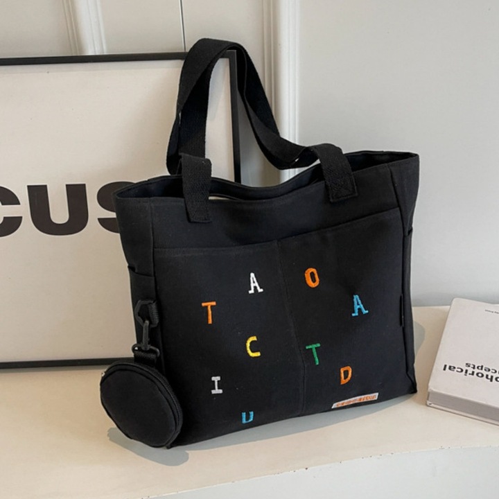 Set 2 Geanta Dama Panza, Negru, genti dama Tote, Design de broderie alfabetica, Capacitate Mare - genti dama Tote si Portofel, potrivit zi de zi si Calatorii, Cadou Perfect