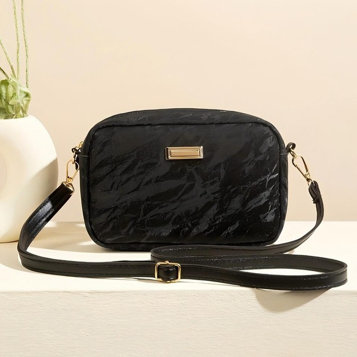 Дамска ретро чанта, LUXWTB, Черна чанта през рамо, отразяващ текстурен дизайн, голям капацитет