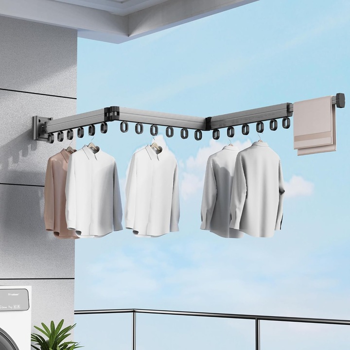 Suport Uscat Rufe Montare Perete 126 cm MOSMAOO®, Extensibil si Pliabil de 3 Ori, 18 Carlige Rotative, Aluminiu Rezistent, Montare cu Adeziv Puternic sau Burghiu, Usor de Instalat, Capacitate Mare pentru Balcon Baie Dormitor