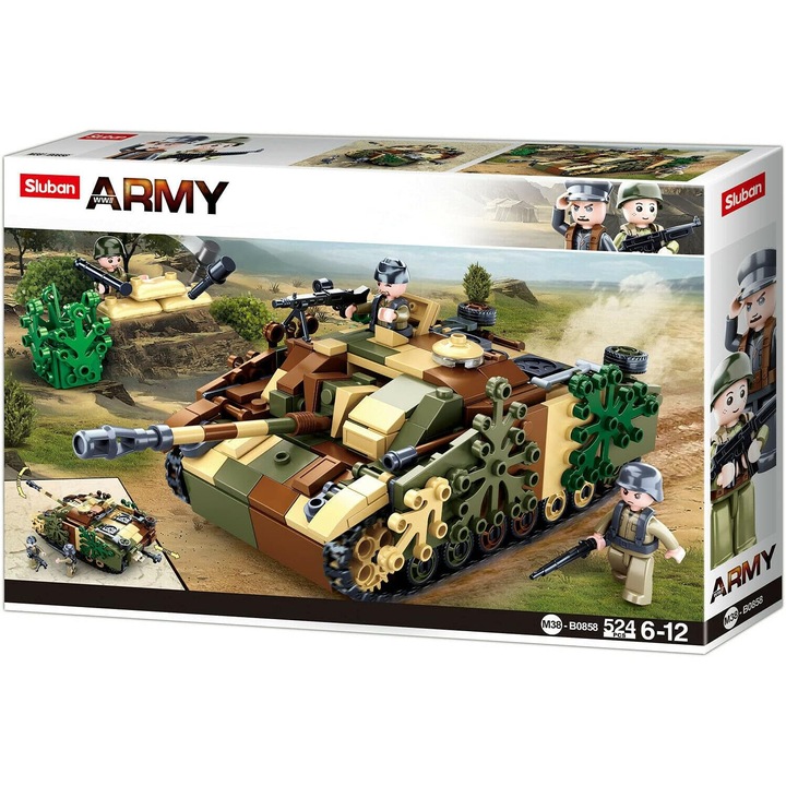 Set de construcție Tanc Distrugător German WWII, Sluban, 524 piese, blocuri tip plug-in, cu figurină de jucărie