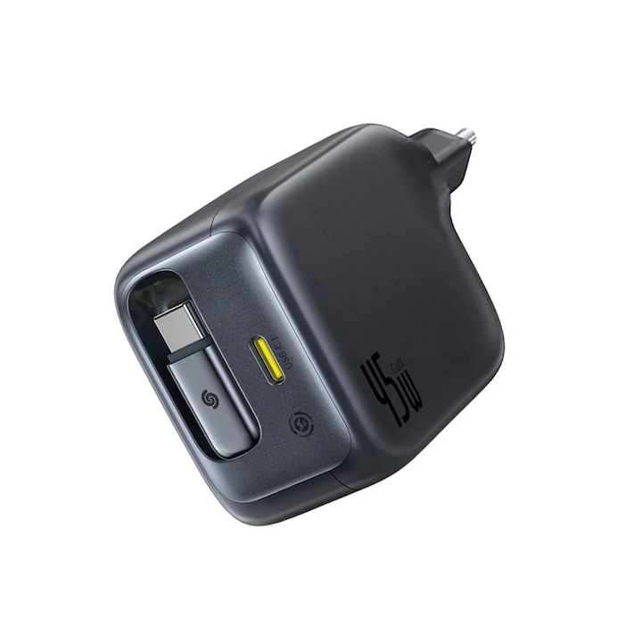 Incarcator priza Wall Charger EnerCore CJ11 (E0120G00) GaN, Fast Charge, USB C, with Retractable Type C Cable, 45W Cosmic Black Negru