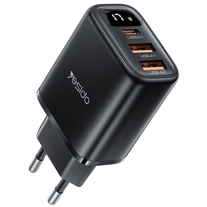 Incarcator de retea Yesido YC67, 2 porturi USB si un port USB-C, 17 W, culoare Negru