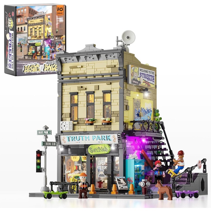 Set blocuri construcție Funwhole Skate Shop, 1573 piese, accesorii skateboarding, lumini LED, multicolor