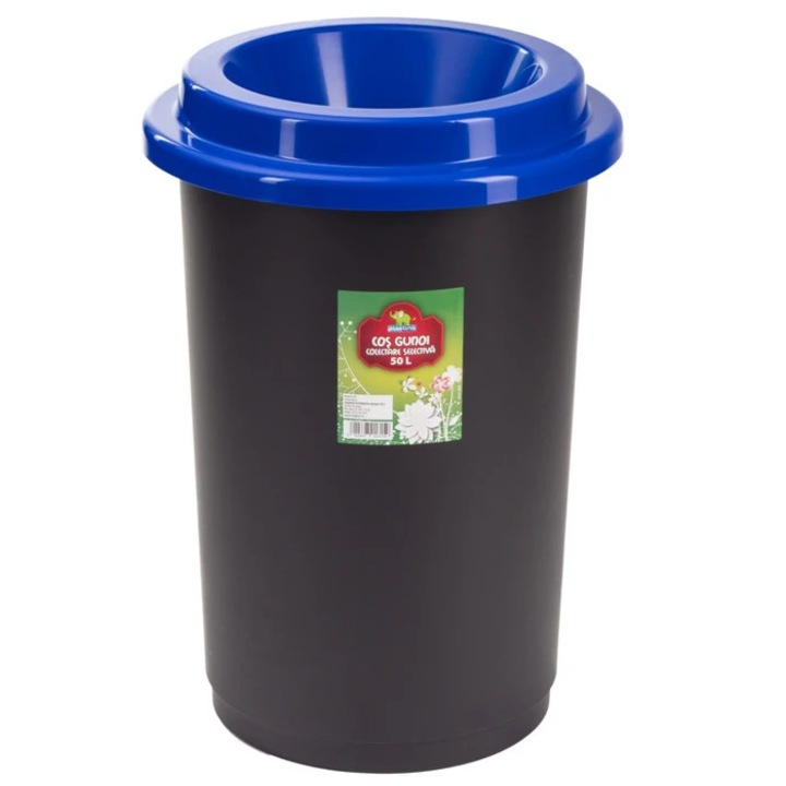 Cos de gunoi, Plastina, pentru colectare selectiva, cu capac albastru, plastic, forma cilindrica, negru, 50 L
