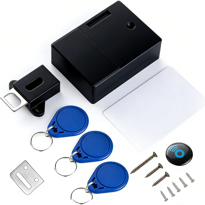Ajtózár, asskanaer, Rejtett intelligencia, 1 kártya és 3 kulcs, Rögzítőcsavarokkal, Fúrás nélküli telepítés, Korrózióálló, Szekrényhez, fiókhoz, értéktárolóhoz, öltözőkhöz, otthonra, irodákba, Műanyag, 6.4*2.9*8.6 cm, Fekete