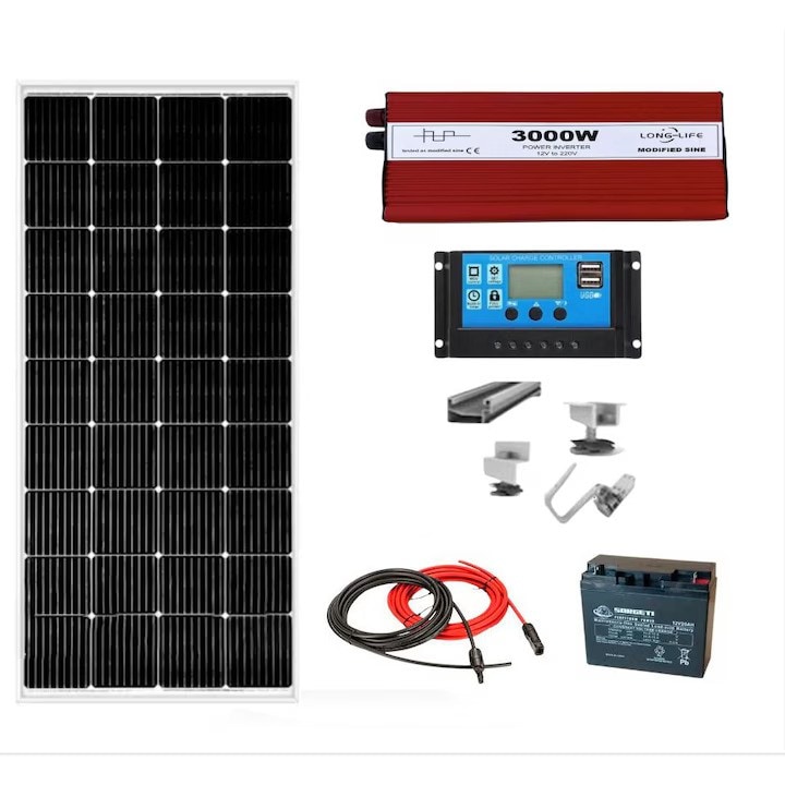 Kit solar fotovoltaic off grid invertor 3000W 12V si 24V, panou solar 200W, regulator/ controller 30A, baterie solara 20Ah GEL, 20 m cablu solar, duce frigider, becuri, televizor pentru cabana, rulota, casa, autorulota, container, iluminat, Solid Volt