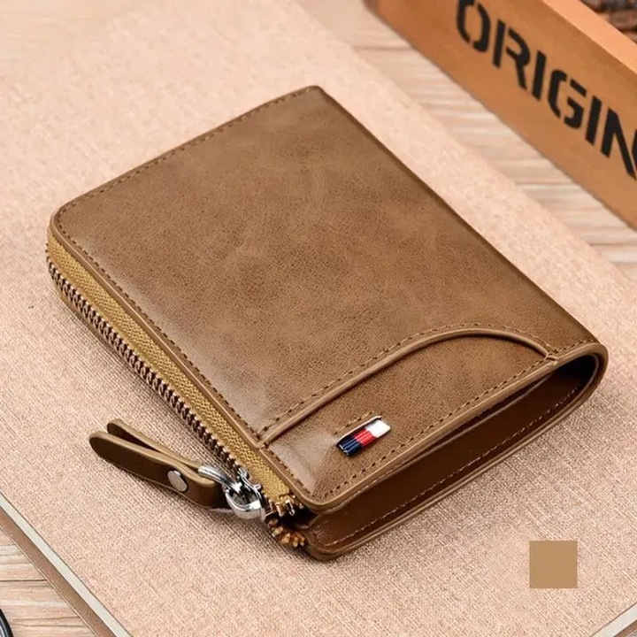 Мъжки портфейл с цип (RFID защита), лек, кафяв
