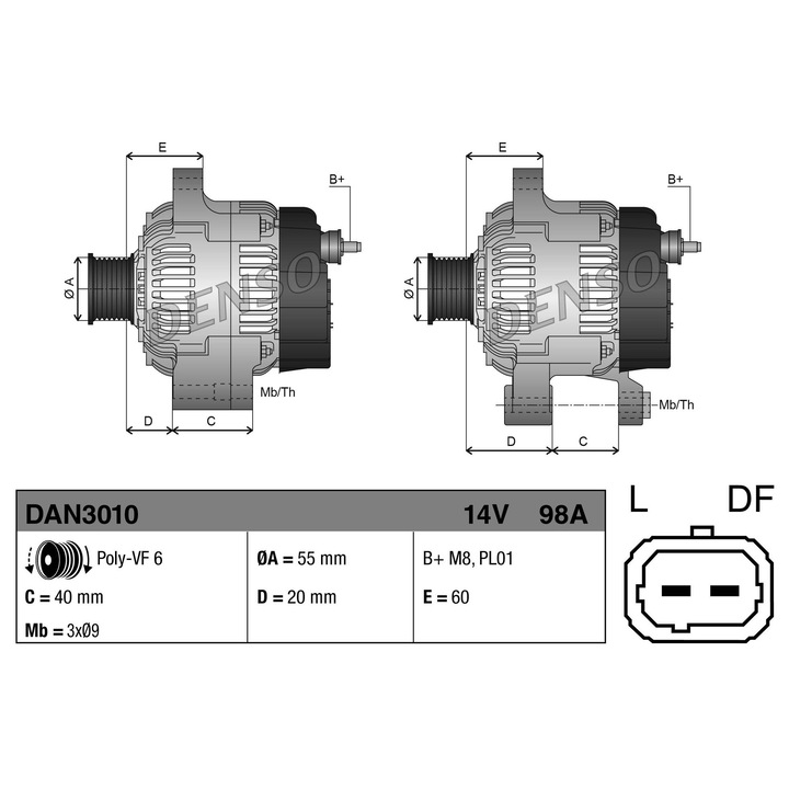 Generator / Alternator Dan3010 Dacia Logan/Logan Pick-Up/Sandero Nissan Kubistar Renault Clio 2/Clio Symbol 1/Kangoo