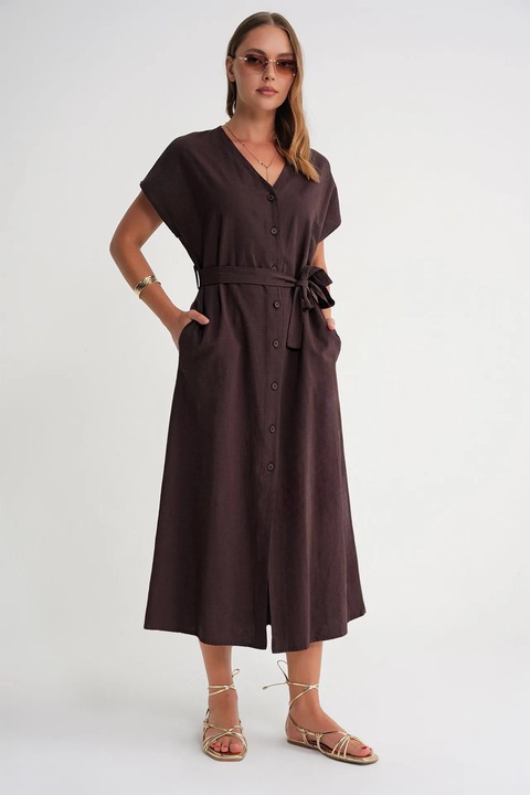 Rochie camasa Mixray, cu curea, textil, Maro