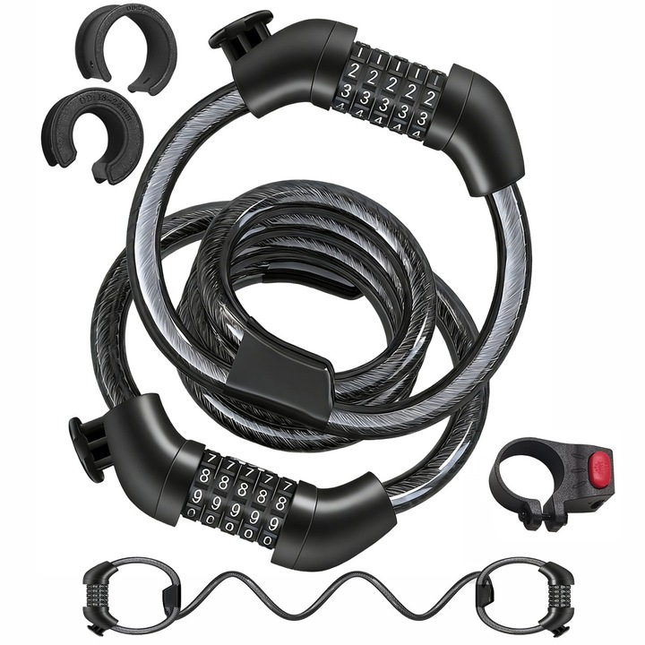 Antifurt bicicleta, YOUKUKE®, Antifurt bicicleta cu cifru, Parola de 5 digiti, 105 cmx12 mm, Cablu de otel retractabil, Anti-taiere, Coduri si chei, functie de blocare dubla, Pentru motociclete, scutere si biciclete, Negru