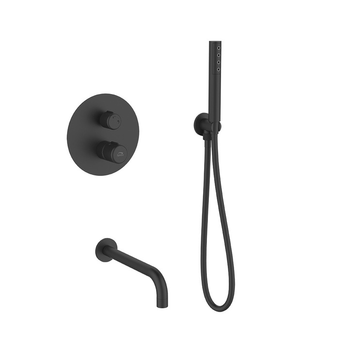 Baterie wannowa podtynkowa cu set de dus, Pretto, negru mat, montaj sub tencuiala, 150 cm