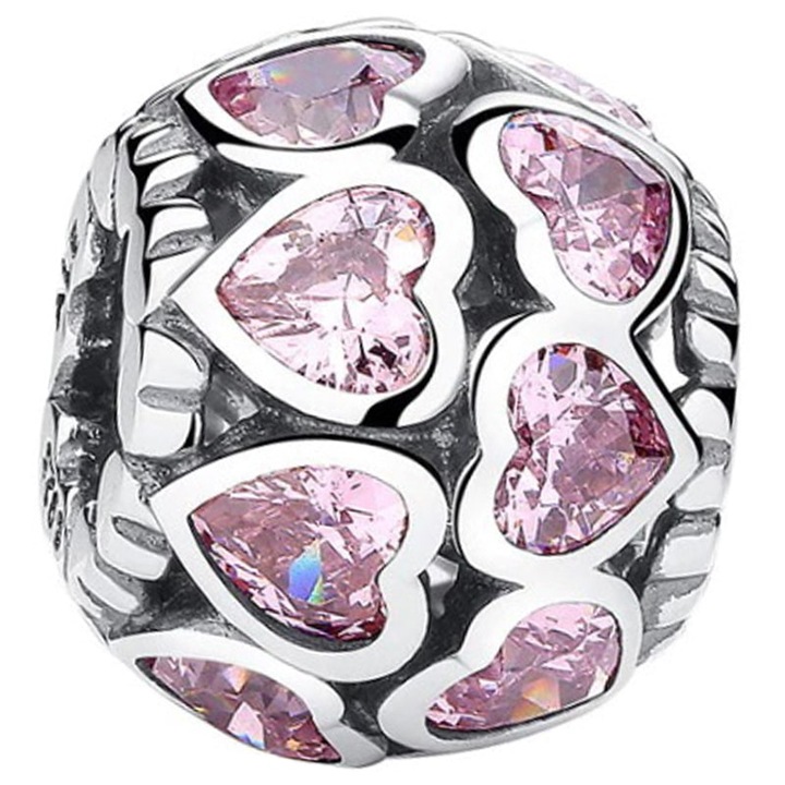 925-ös ezüst charm rózsaszín szívecskékkel, 1,2x0,9cm, szett