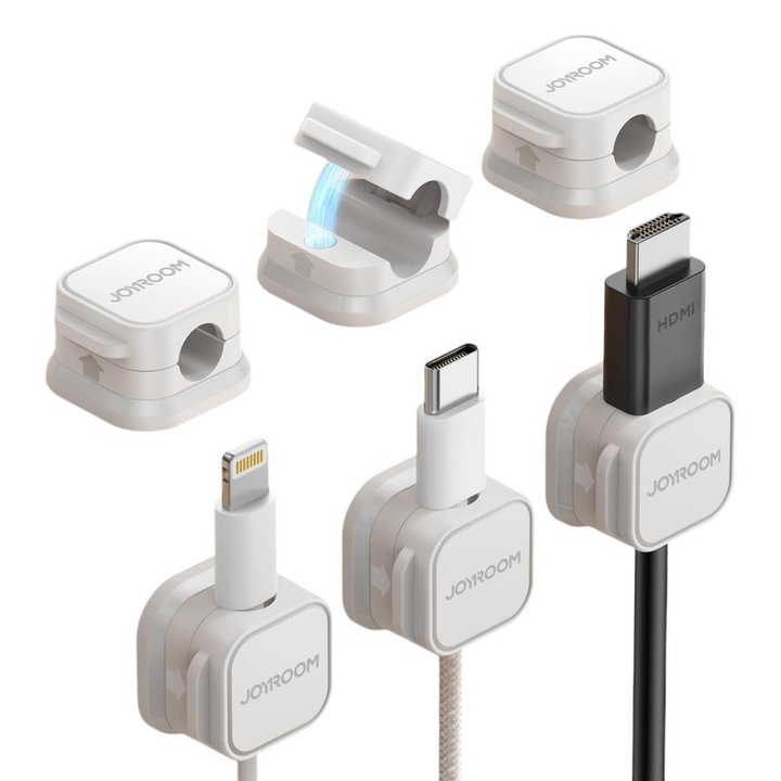 Set de 6 clipsuri magnetice pentru cabluri, design ajustabil, adeziv transparent