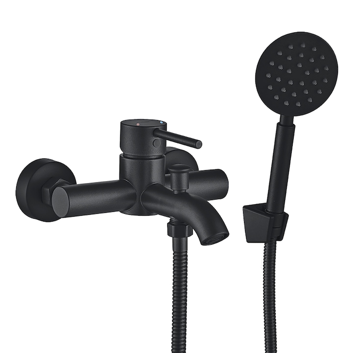 Baterie de baie cu set de dus Noia, neagra, montare pe perete, 2 manete, 100mm