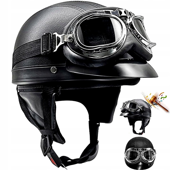Casca moto cu vizor UV si ochelari retro, YOUKUKE®, Piele, Negru, 52-62cm