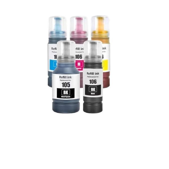 Set 5 flacoane cerneala compatibile cu ET-101 ET-102 ET-103 ET-104 ET-105 ET-106, 2xblack cyan yellow magenta, 410 ml, pentru Epson EcoTank L14150 L4150 L4156 L4160 L4260 L4266 L6160 L6170 L6176 L6190 L6260 L6270 L6276 L6290 ET2700 ET2750 ET2751 ET2756