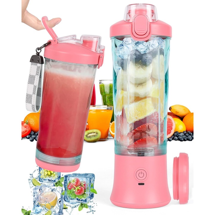 Mini Blender SoSar® Portabil 600 ml pentru Smoothie si Shake-uri, Mixer cu 6 Lame, Autonomie pana la 25 Utilizari, Reincarcare USB, Ideal pentru Birou si Calatorii, Roz