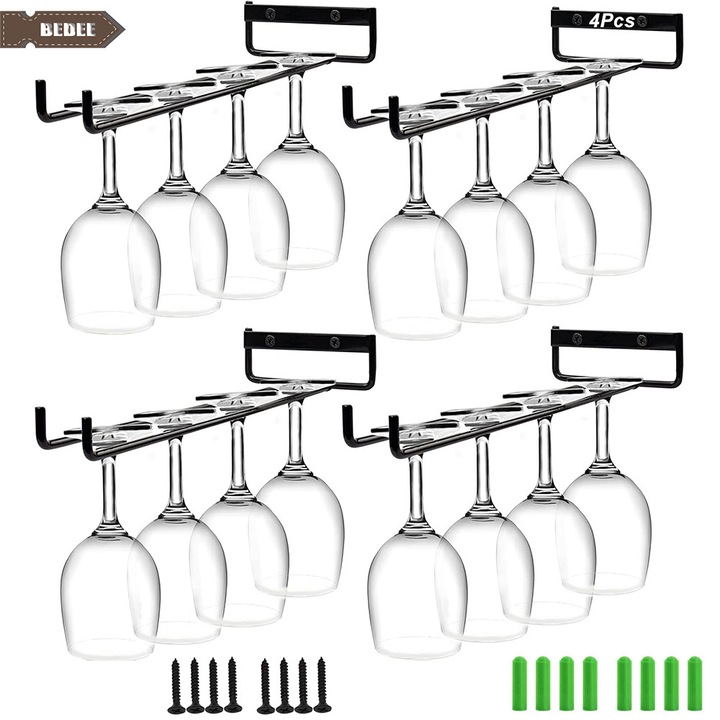 Комплект от 4 държача за чаши за вино, Bedee, Желязо, Не се огъва или чупи лесно, подходящ за кухни, барове, офиси и шкафове, 30 см, Черен