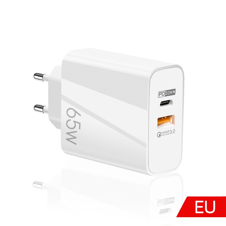 Incarcator Retea, 2 Porturi, 65W Fast Charge, Type-C + USB-A, Universal Multiport, Compatibil telefon, smartwatch, iPhone, Huawei, Samsung, Xiaomi, alb