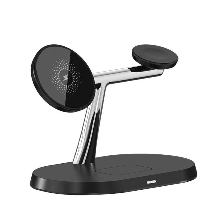 Statie de Incarcare 3 in 1 Magnetica, Incarcare Rapida 15W, Incarcare Simultana 3 Dispozitive, Compatibil Iphone, Samsung, Android, protectie multipla Atasament adaptiv la 360°, Multiple Functii De Protectie, Negru