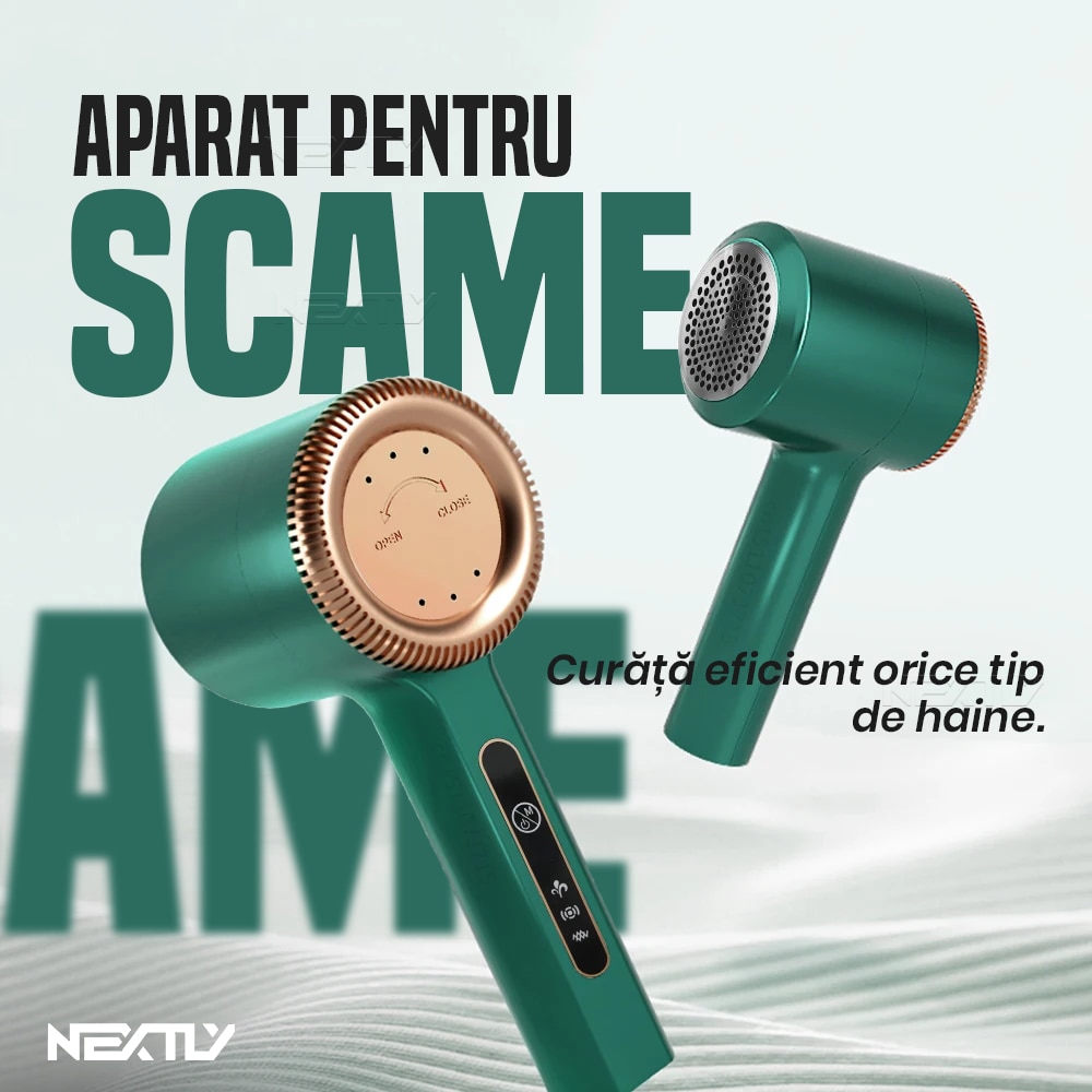 Aparat electric de curatat scame NEXTLY, pentru haine/canapea/lenjerii de pat, 3 trepte de viteza, incarcare USB, verde