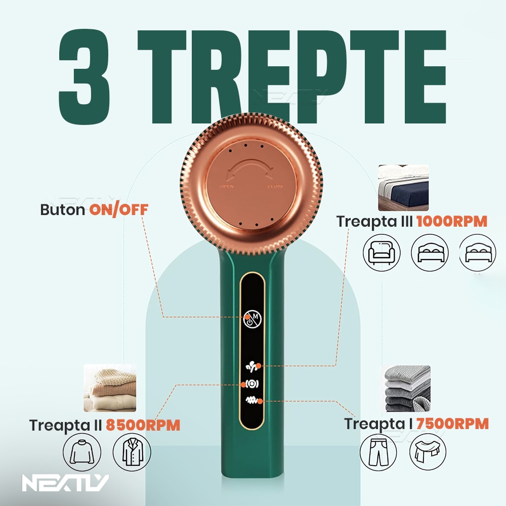 Aparat electric de curatat scame NEXTLY, pentru haine/canapea/lenjerii de pat, 3 trepte de viteza, incarcare USB, verde