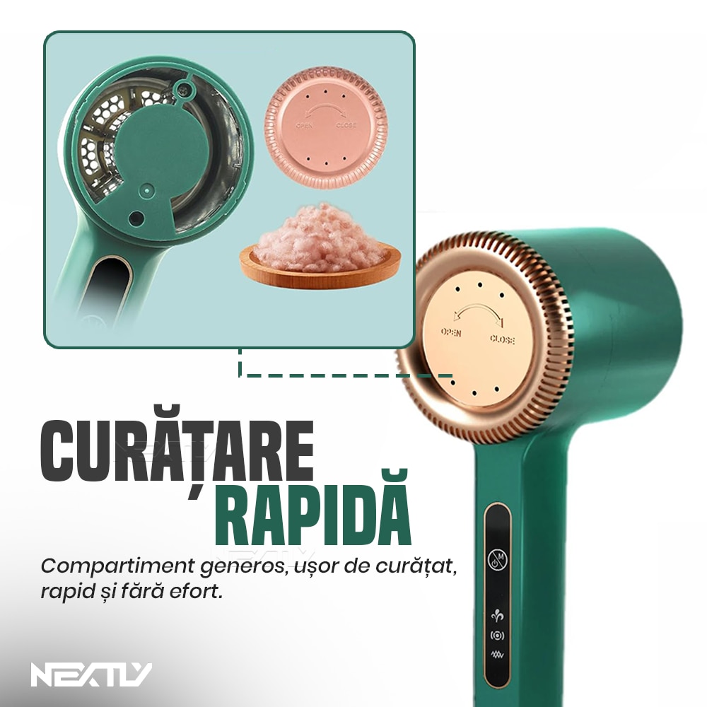 Aparat electric de curatat scame NEXTLY, pentru haine/canapea/lenjerii de pat, 3 trepte de viteza, incarcare USB, verde