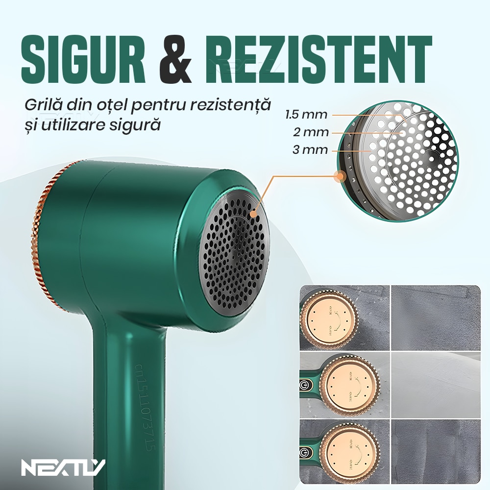 Aparat electric de curatat scame NEXTLY, pentru haine/canapea/lenjerii de pat, 3 trepte de viteza, incarcare USB, verde