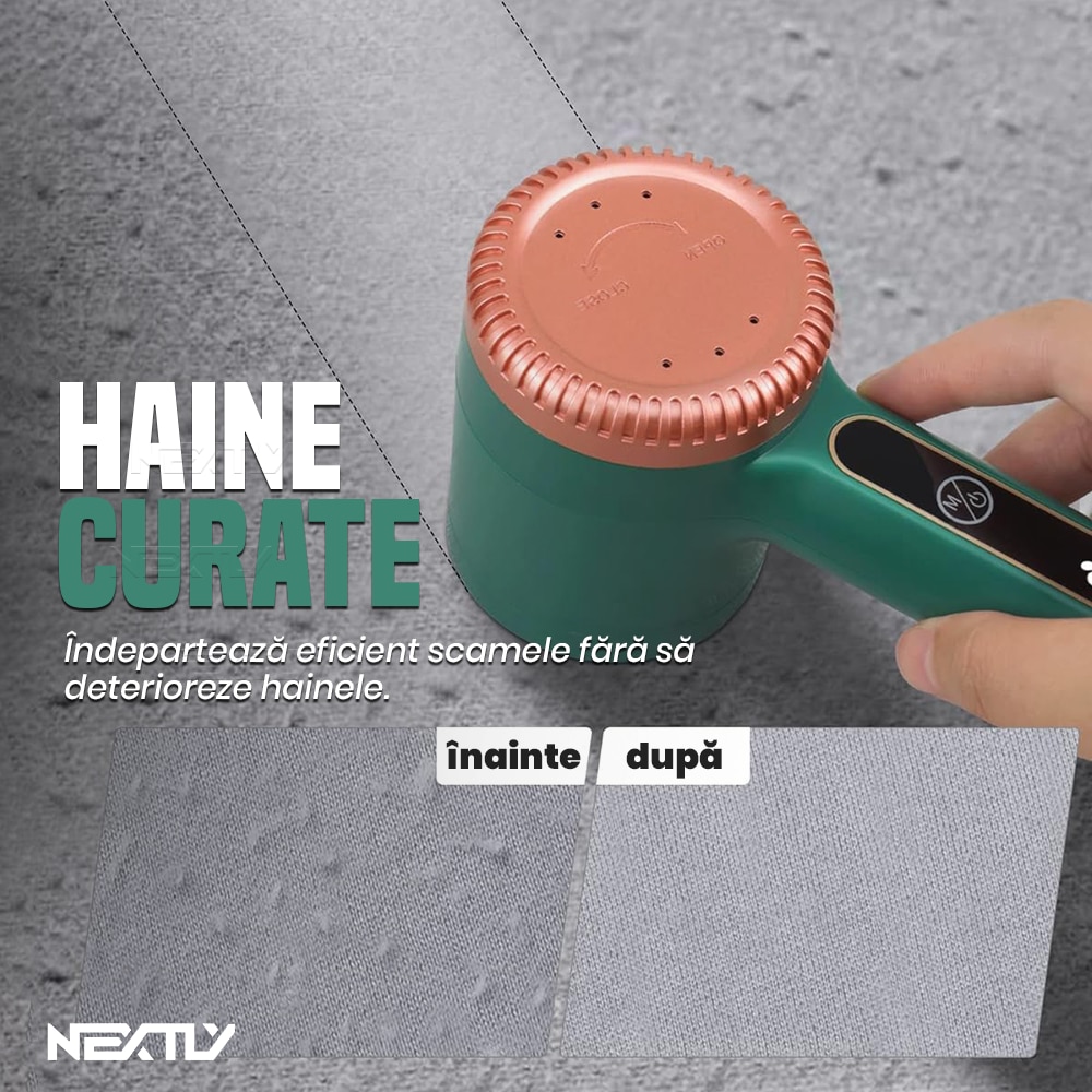 Aparat electric de curatat scame NEXTLY, pentru haine/canapea/lenjerii de pat, 3 trepte de viteza, incarcare USB, verde