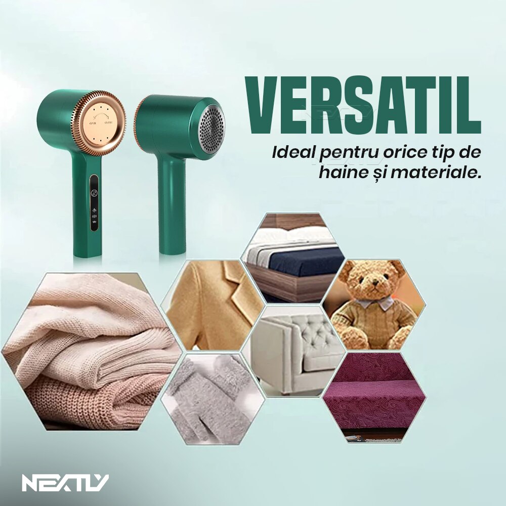 Aparat electric de curatat scame NEXTLY, pentru haine/canapea/lenjerii de pat, 3 trepte de viteza, incarcare USB, verde