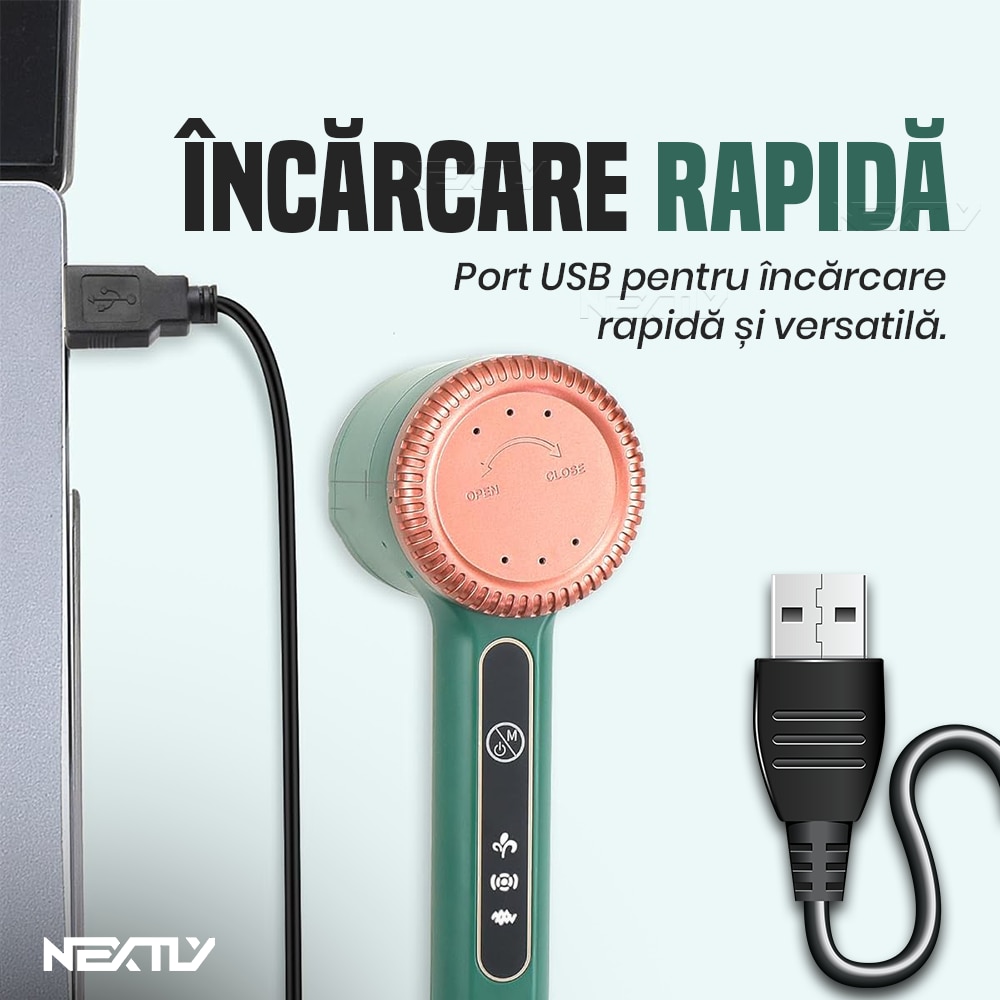 Aparat electric de curatat scame NEXTLY, pentru haine/canapea/lenjerii de pat, 3 trepte de viteza, incarcare USB, verde