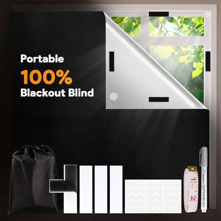 Опаковки за прозорци YOUKUKE, 100% затъмняващ материал, Черен, 200x148см, комплект с чанта, химикалка, велкро