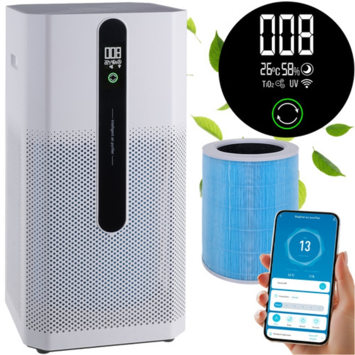 Purificator de aer inteligent VarioShop®, HEPA H12, ionizare, WiFi Smart Life, CADR 370 m³/h, ultra-silențios 21 dB, consum 35 W, pentru alergici, copii și animale, până la 80 m²