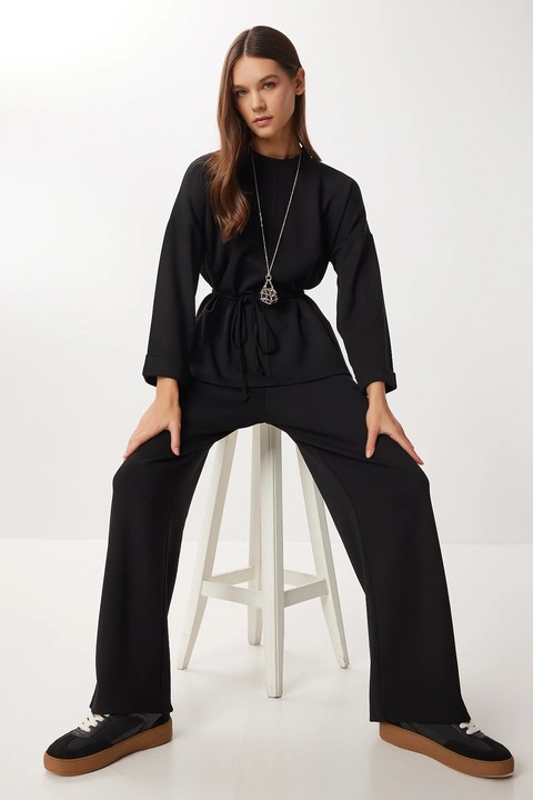 Costum dama, Happiness Istanbul, set, maneca lunga, picior larg, negru