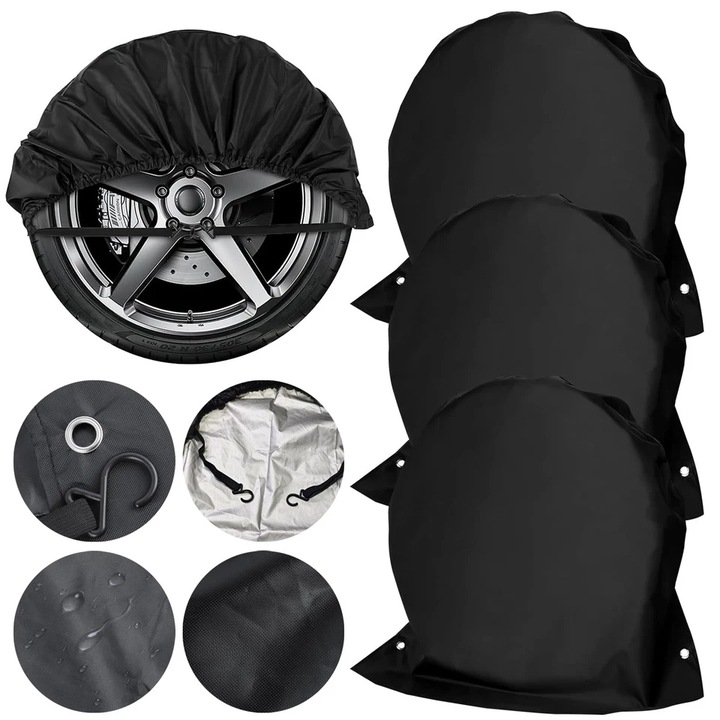 Huse de anvelope rezistente la intemperii, pachet de 4, protectie pentru roti pentru camion, SUV, remorca, rulota, rulota, S (se potriveste cu diametrul de 27"-29"), negru, set de 4