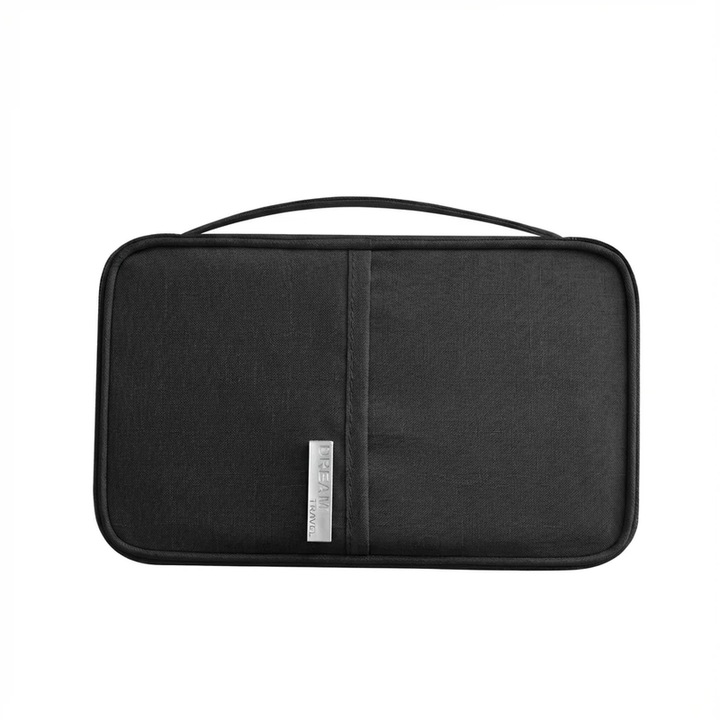 Семеен държач за паспорт с RFID заключване, портфейл органайзер за пътни документи, водоустойчива катионна материя, компактен калъф за паспорти, кредитни карти, билети, пари в брой (черен)