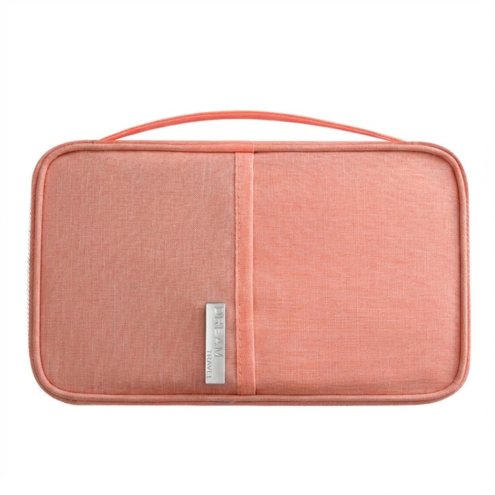 Portofel Organizator de Calatorie cu Protectie RFID, Suport Pasaport si Acte din Tesatura Cationica Impermeabila, Husa cu Fermoar si Maner pentru Bilete, Carduri si Bani, Roz Coral