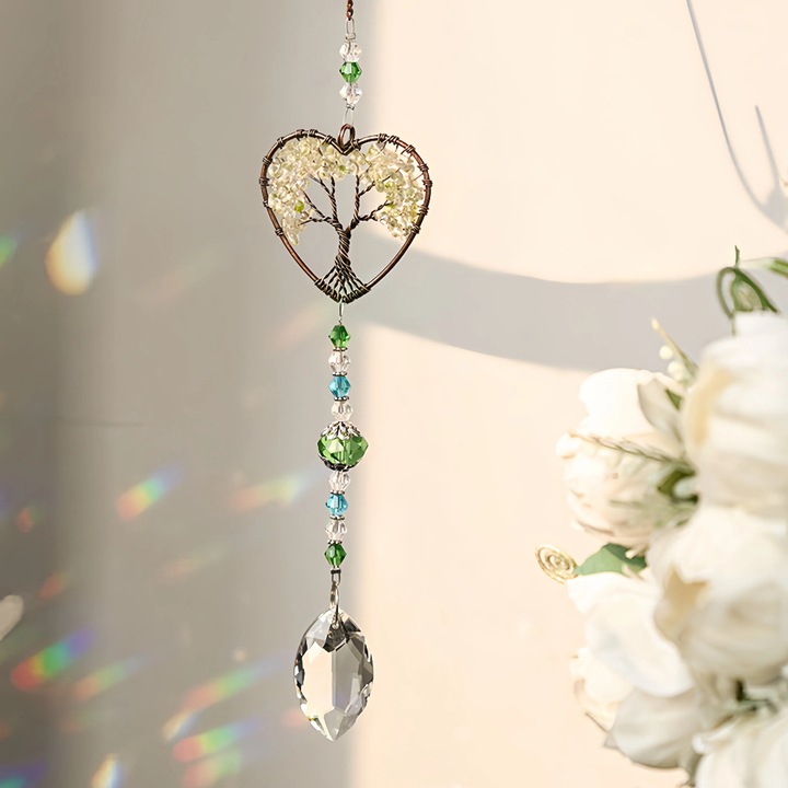 Suncatcher din Cristal K9 cu Aventurin Verde, Model Inima "Pomul Vietii", Pandativ Zen pentru Feng Shui, Decoratiune Gradina cu Reflexii de Lumina, 40 cm, Verde