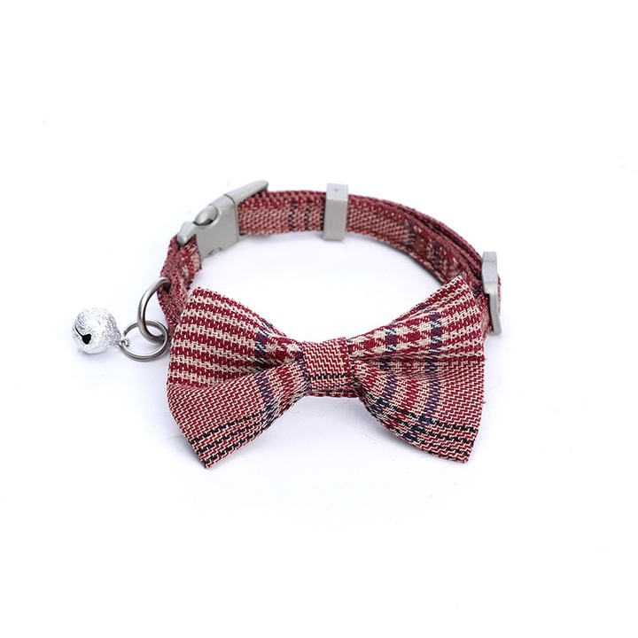 Zgarda Reglabila cu Papion si Clopotel pentru Pisici si Caini Mici, Bumbac Premium in Carouri, 24-31 cm, Rosu