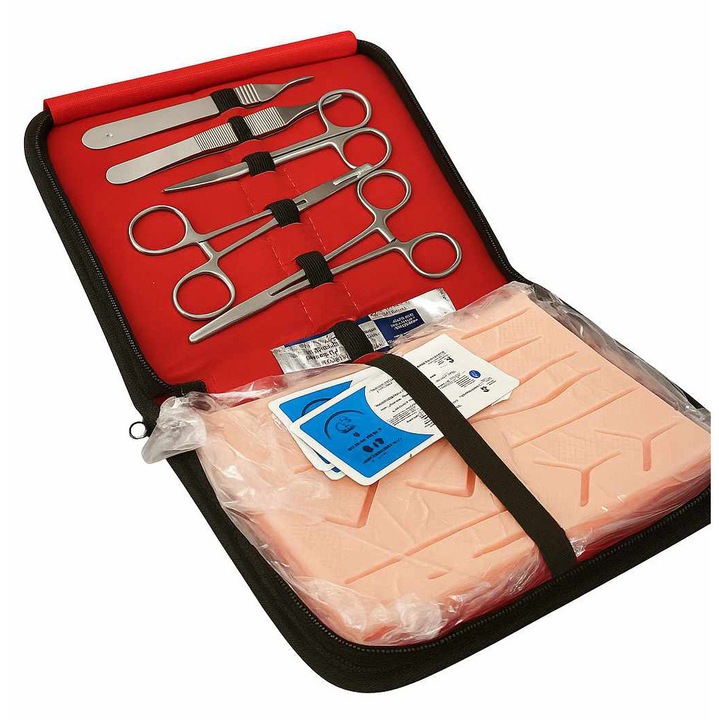 Set de invatare pentru sutura, Crazy Needles, 2 x scalpel, 1 x suport scalpel, 1 x piele de exercitiu