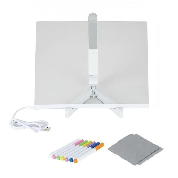 Tabla de desen LED acrilica 30x20cm, set 7 markere colorate, reutilizabila, pentru copii