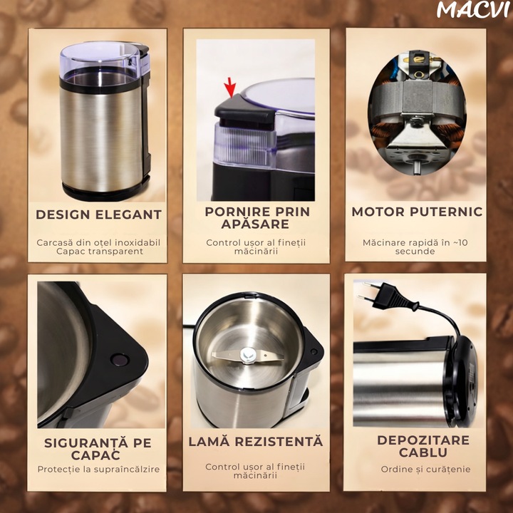 Rasnita Electrica de Cafea Macvi®, 180W, Cutite din Otel Inoxidabil, Capacitate 75 g, Macinare Rapida si Uniforma