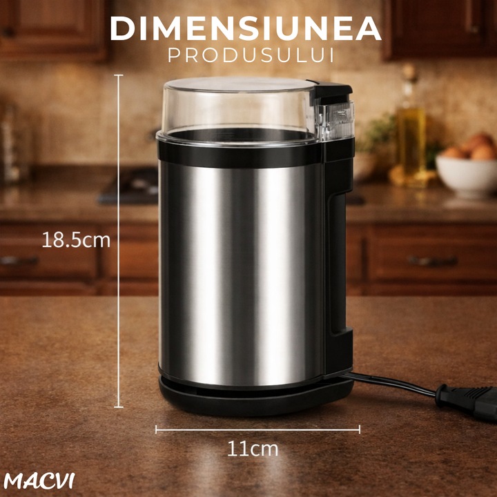 Rasnita Electrica de Cafea Macvi®, 180W, Cutite din Otel Inoxidabil, Capacitate 75 g, Macinare Rapida si Uniforma