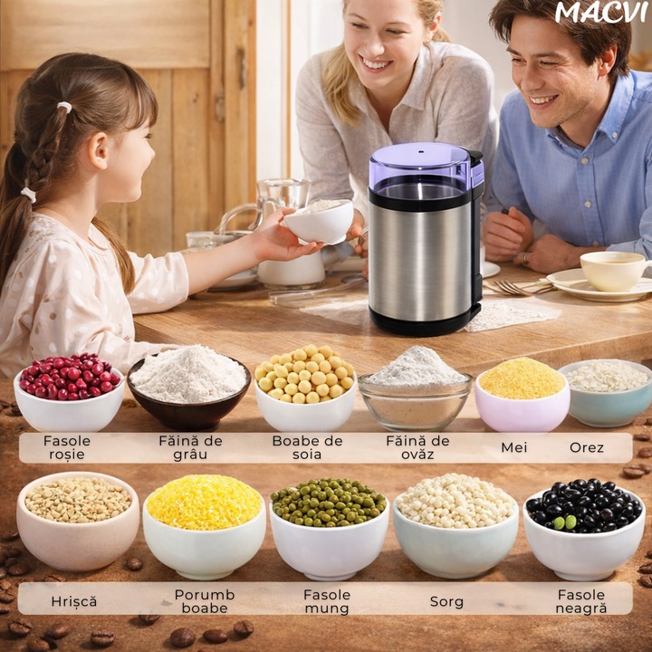 Rasnita Electrica de Cafea Macvi®, 180W, Cutite din Otel Inoxidabil, Capacitate 75 g, Macinare Rapida si Uniforma