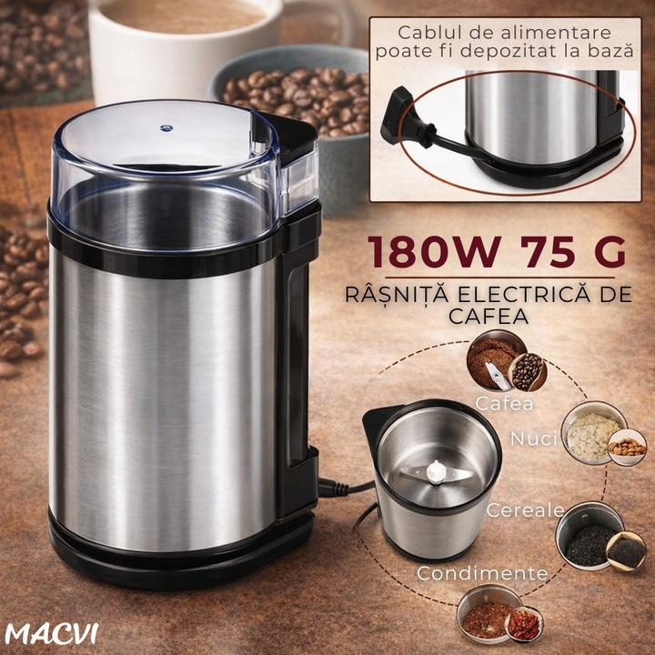 Rasnita Electrica de Cafea Macvi®, 180W, Cutite din Otel Inoxidabil, Capacitate 75 g, Macinare Rapida si Uniforma