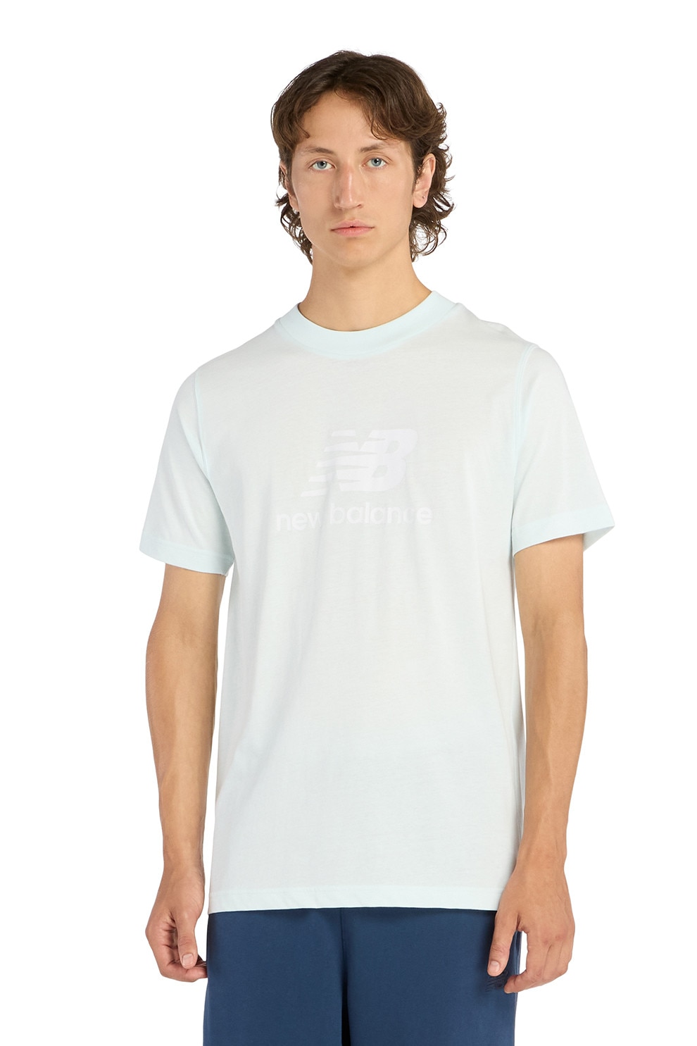New Balance, Tricou de bumbac cu decolteu la baza gatului, Albastru glaciar, M