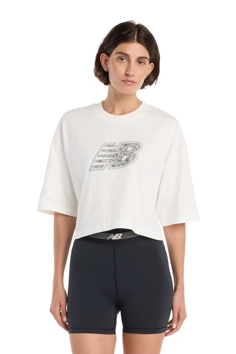 New Balance, Tricou crop cu maneci cazute, Alb fildes