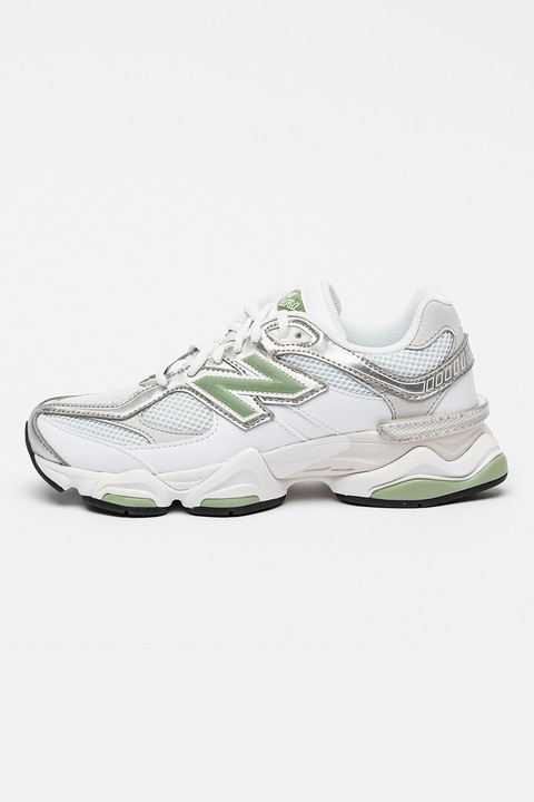 New Balance, Pantofi sport 9060 cu straturi exteriorare din piele ecologica si talpa wedge, Alb/Argintiu